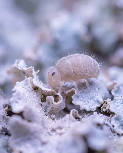 Macro Close-Up of Pale Springtail on Lichen