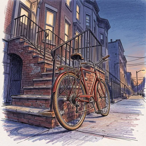 Red Bicycle Beside Brick Stoop Sketch