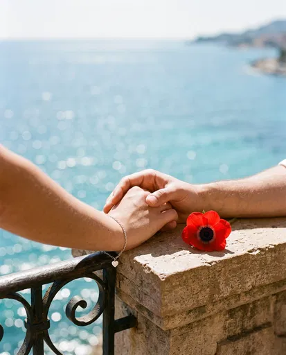 Couple Holding Hands Overlooking Blue Sea