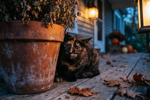 Tortoiseshell Cat Hiding on Autumn Porch