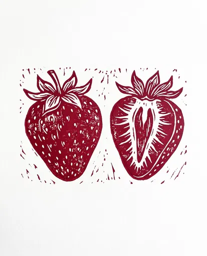 Crimson Linocut Whole and Sliced Strawberries
