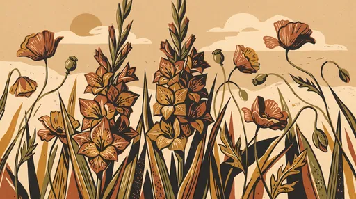 Vintage Block Print Gladiolus and Poppies
