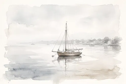 Watercolor Sailboat Moored in Calm Harbor