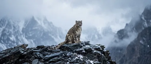 Snow Leopard on Jagged Mountain Ridge