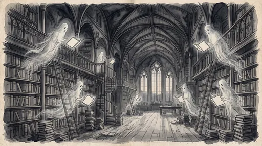 Ink Drawing of Ghosts in Haunted Library