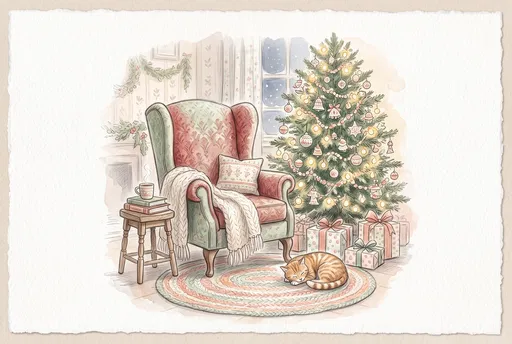 Watercolor Christmas Living Room with Sleeping Cat