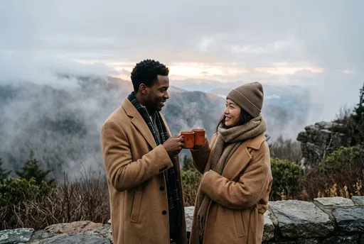 Couple Toasting Mugs on Misty Mountain