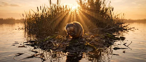 Muskrat on Mud Bank at Sunset