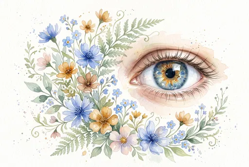 Watercolor Blue Hazel Eye with Wildflowers