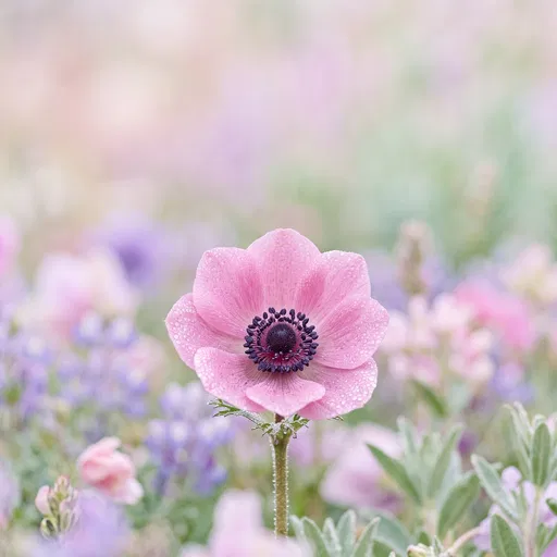 Dew-Kissed Pink Anemone in Pastel Meadow