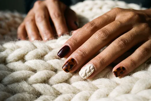 Winter Manicure With Tortoiseshell and Knit Art