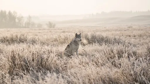 Gray Wolf in Frosty Morning Meadow