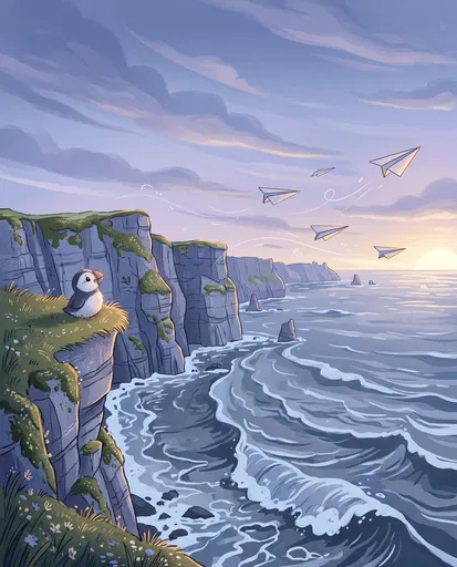 Puffin Watching Paper Airplanes on Cliff