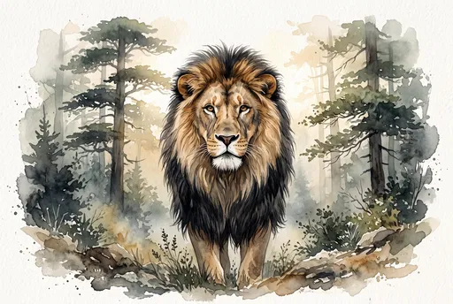 Watercolor Barbary Lion in Misty Forest