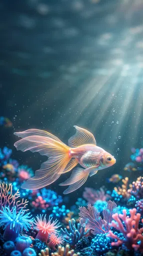 Translucent Goldfish Over Neon Coral Reef