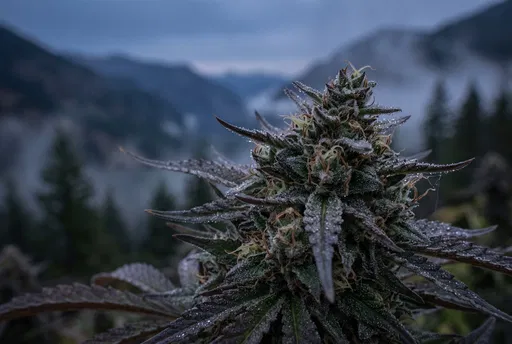 Dewy Cannabis Flower in Misty Mountains