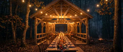 Rustic Wooden Pavilion Thanksgiving Dinner at Night