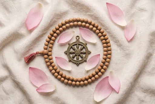 Mala Beads and Dharma Wheel Flat Lay