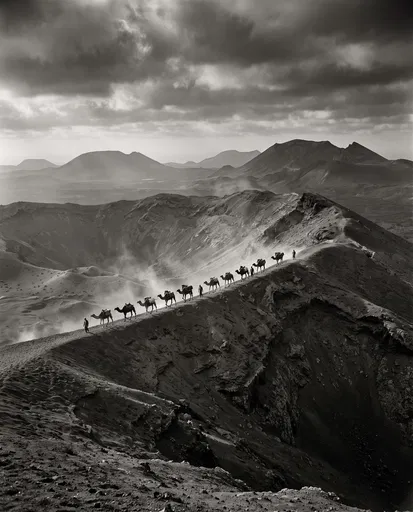 Monochrome Camel Caravan on Volcanic Crater Ridge