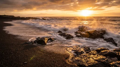 Golden Sunset Over Black Volcanic Beach