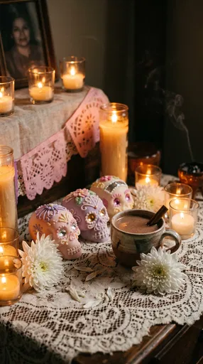 Pastel Sugar Skulls on Candlelit Ofrenda
