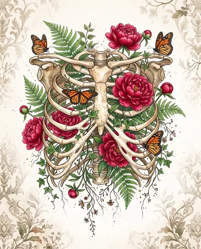 Botanical Ribcage With Peonies and Butterflies