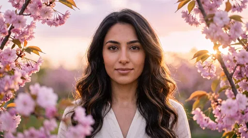 Woman Framed by Pink Cherry Blossoms