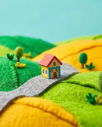 Miniature Wooden House on Felt Landscape