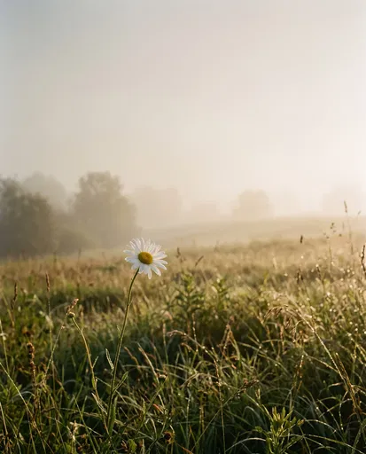 Lone Daisy in Misty Morning Meadow