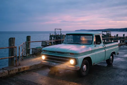 Vintage Teal Pickup Truck on Coastal Pier