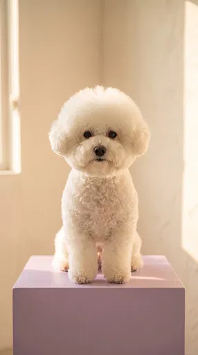 Groomed Bichon Frise on Lavender Block