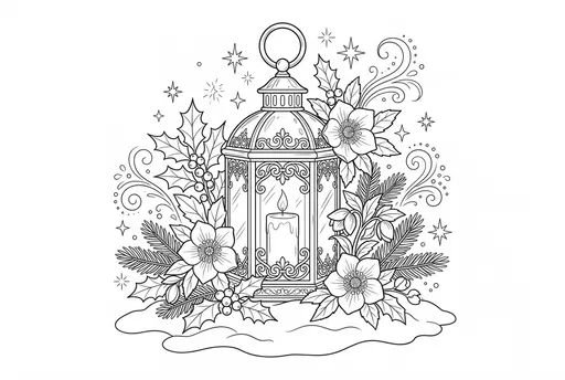 Winter Lantern and Floral Coloring Page