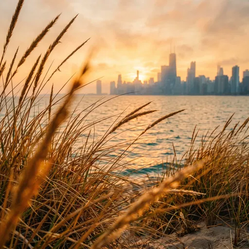 Chicago Skyline Through Golden Beach Grass