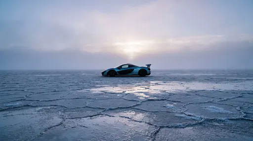 Blue Supercar on Misty Salt Flats