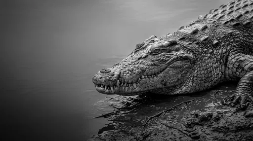 Monochrome Portrait of Crocodile on Mud