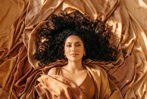 Woman With Curly Hair on Bronze Silk