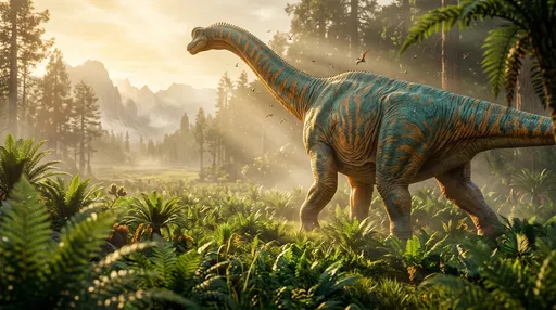 Brachiosaurus Walking in Sunlit Prehistoric Valley