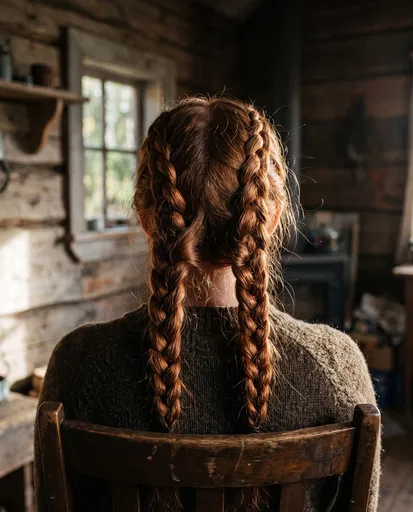 Woman With Auburn Braids in Cabin