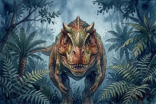 Watercolor Ceratosaurus in Blue Jurassic Jungle