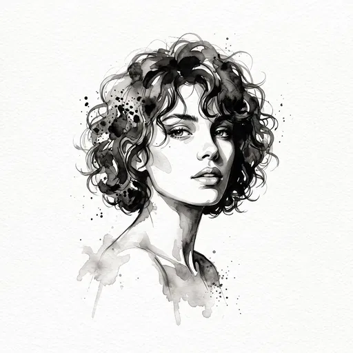 Monochrome Watercolor Portrait of Curly Bob