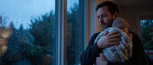 Father Holding Baby by Rainy Window