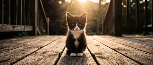 Tuxedo Kitten Sitting on Wooden Porch