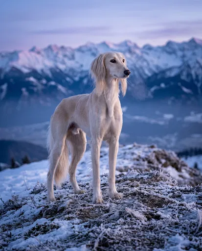 Cream Saluki on Snowy Mountain Ridge