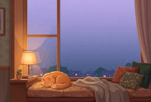 Ginger Cat Sleeping by Rainy Window