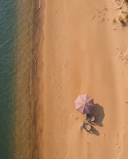 Aerial View of Beach Umbrella and Chairs