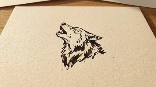 Black Ink Howling Wolf Drawing on Paper