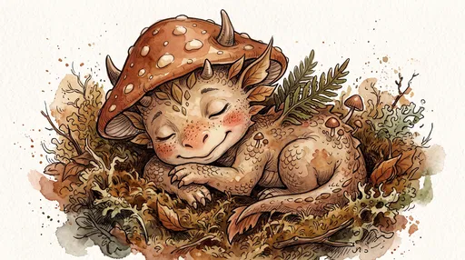 Sleeping Woodland Mushroom Dragon Illustration