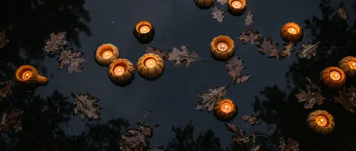 Floating Gourd Candles on Dark Water