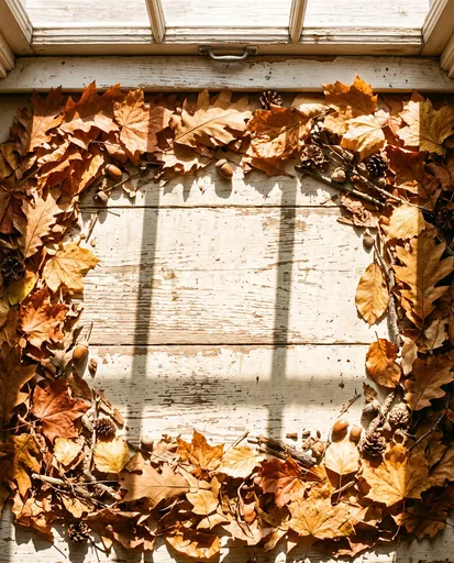 Autumn Leaves Border on Sunny Window Sill