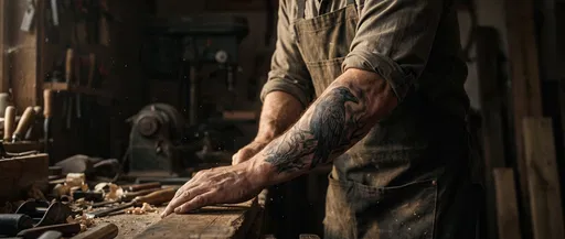 Craftsman With Raven Forearm Tattoo in Workshop
